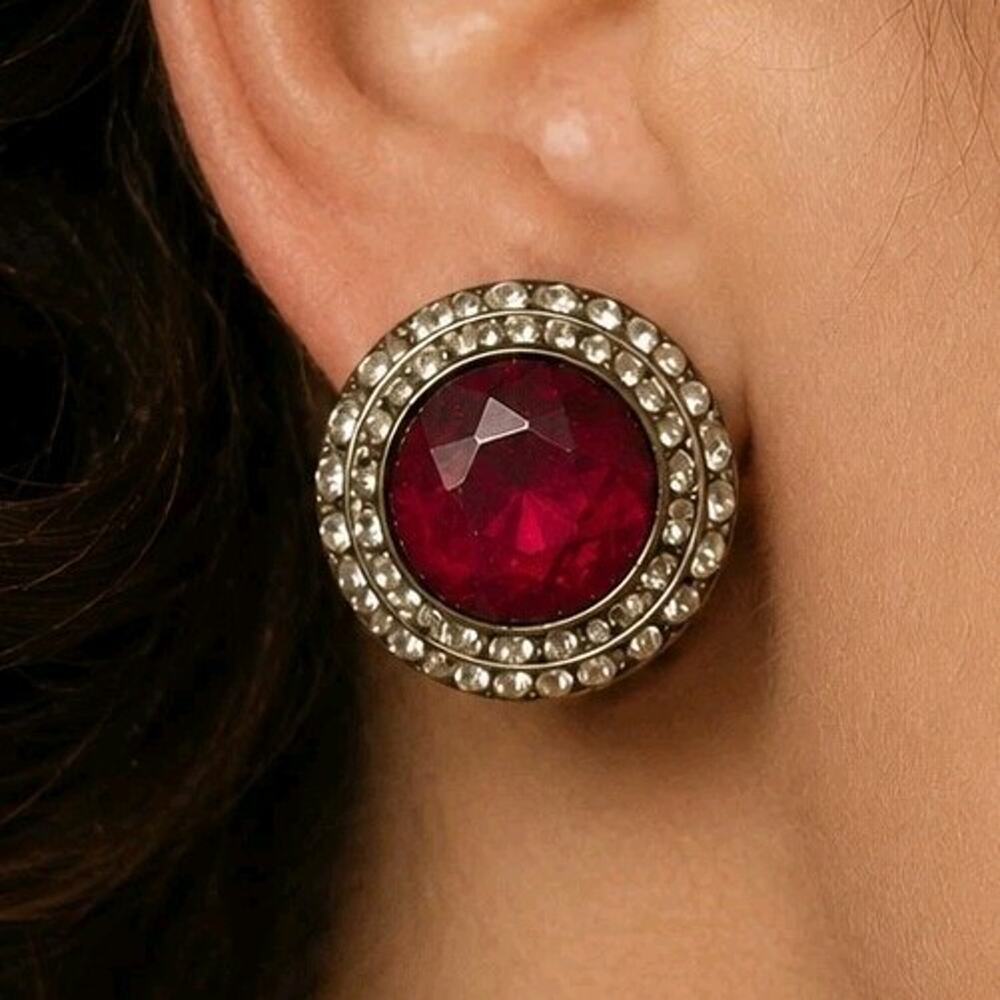 Vtg Rhinestone Clip On Earrings Ruby Red Glass Double Halo Headlight Hollywood